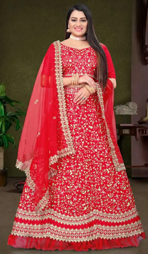 Red Color Malay Satin Silk Tradtional Party Wear Women Lehenga Choli -3342146205