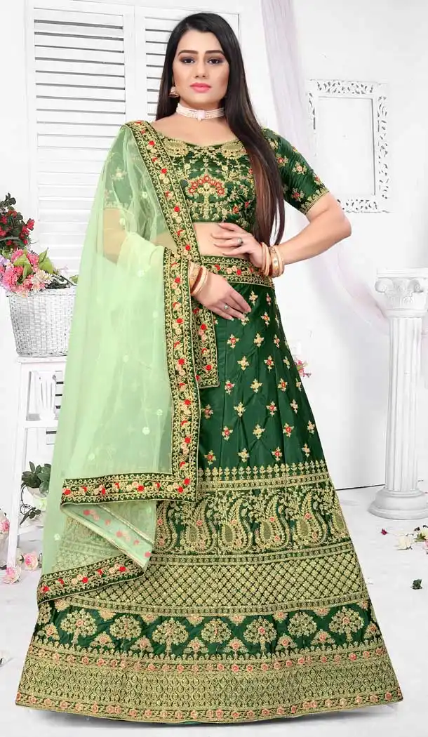 Bottle Green Color Malay Satin Silk Tradtional Party Wear Women Lehenga Choli -3342146206