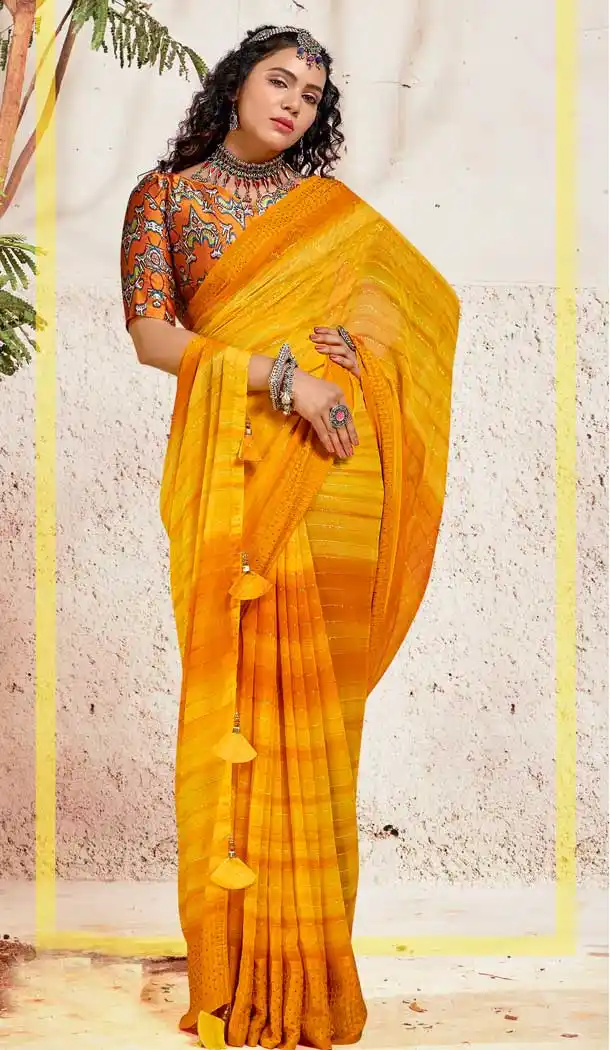 Yellow Color Georgette Casual Party Wear Embroidered Saree -3357146410