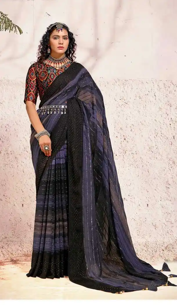Chic Multi Color Georgette Casual Party Wear Embroidered Saree -3357146411