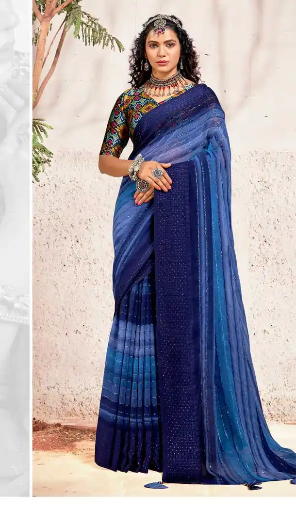 Blue Color Georgette Casual Party Wear Embroidered Saree -3357146413