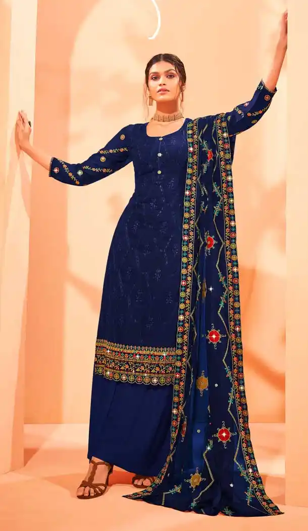 Navy Blue Color Georgette Evening Party Wear Palazzo Salwar Suit -3365146455