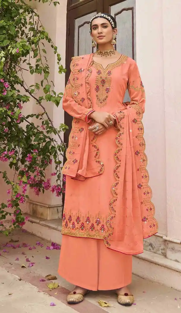 Peach Color Georgette Pakistani Style Party Wear Palazzo Salwar Suit -3366146456