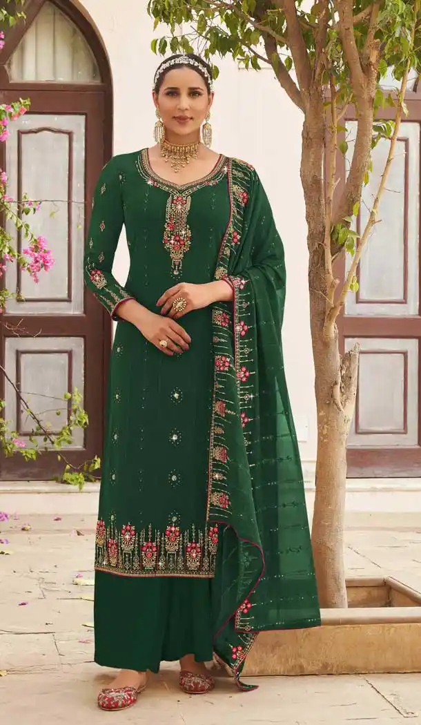 Green Color Georgette Pakistani Style Party Wear Palazzo Salwar Suit -3366146457