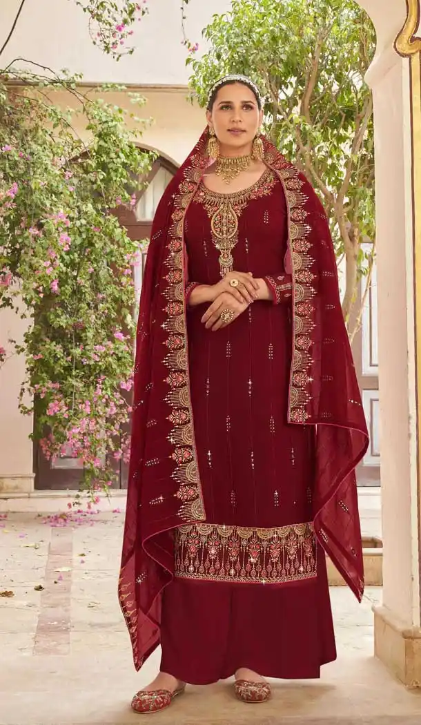 Maroon Color Georgette Pakistani Style Party Wear Palazzo Salwar Suit -3366146459