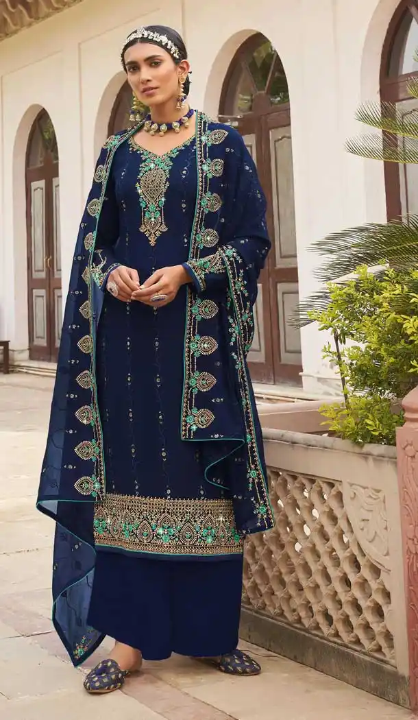 Navy Blue Color Georgette Pakistani Style Party Wear Palazzo Salwar Suit -3366146460