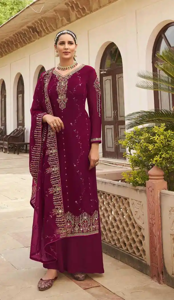 Burgundy Color Georgette Pakistani Style Party Wear Palazzo Salwar Suit -3366146461