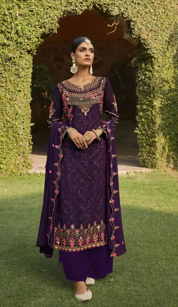 Purple Color Georgette Heavy Embroidery Party Wear Palazzo Suit -3367146462