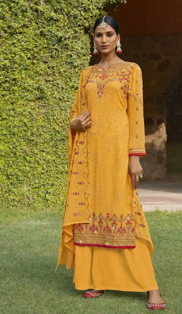 Yellow Color Georgette Heavy Embroidery Party Wear Palazzo Suit -3367146463