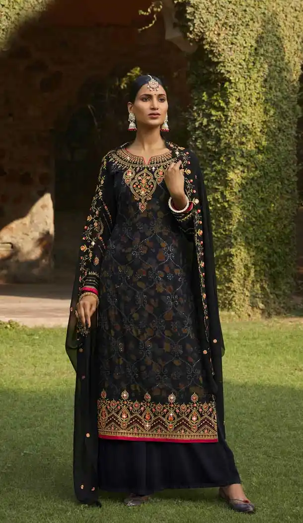 Black Color Georgette Heavy Embroidery Party Wear Palazzo Suit -3367146464