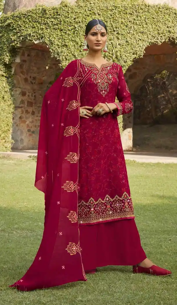 Pink Color Georgette Heavy Embroidery Party Wear Palazzo Suit -3367146465