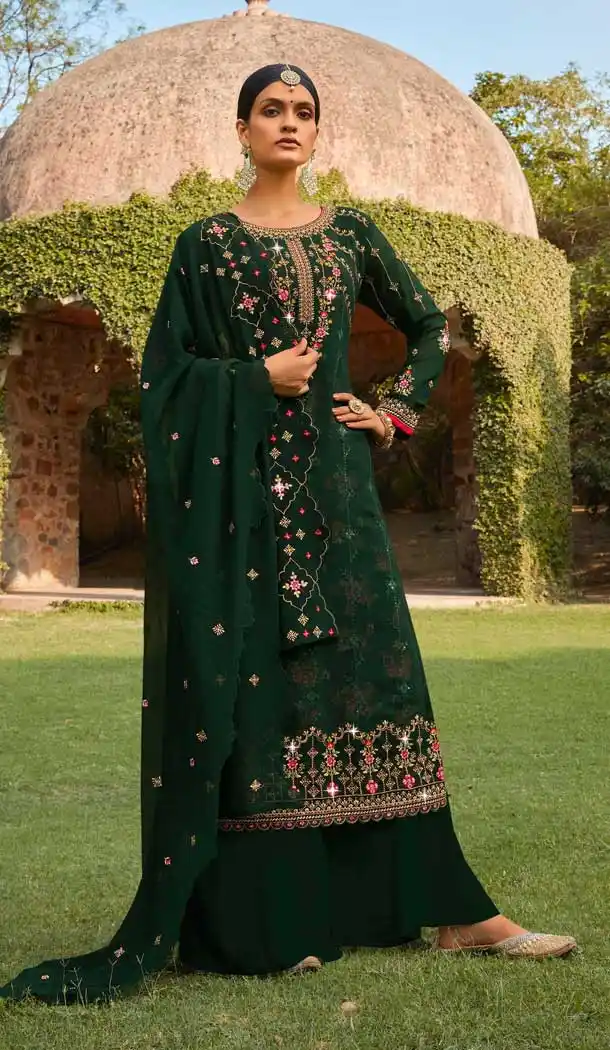 Green Color Georgette Heavy Embroidery Party Wear Palazzo Suit -3367146466