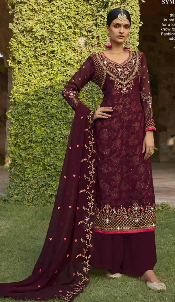 Rust Color Georgette Heavy Embroidery Party Wear Palazzo Suit -3367146467