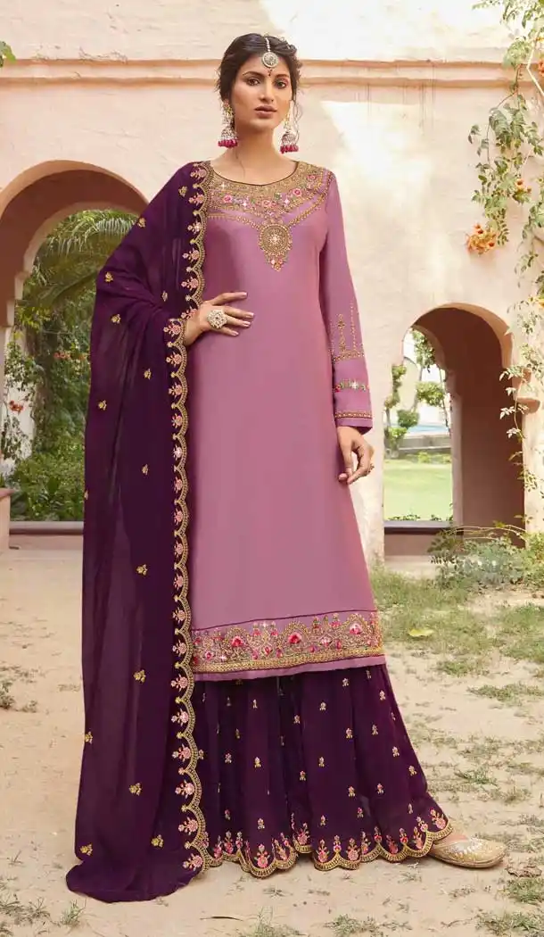 Purple Color Georgette Satin Pakistani Style Sharara Salwar Suit -3368146468