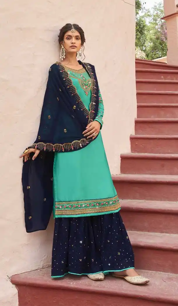Sky Blue Color Georgette Satin Pakistani Style Sharara Salwar Suit -3368146469