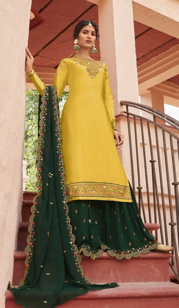 Beautiful Yellow Color Georgette Satin Pakistani Style Sharara Salwar Suit -3368146470