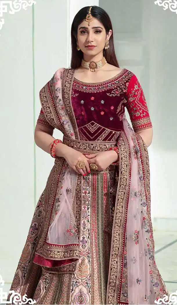 Maroon Color Velvet Bridal Wedding Wear Designer Women Lehenga Choli -3369146472