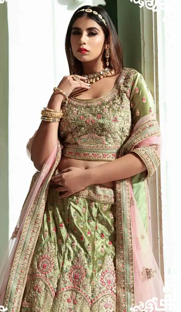 Pista Green Color Velvet Bridal Wedding Wear Designer Women Lehenga Choli -3369146474