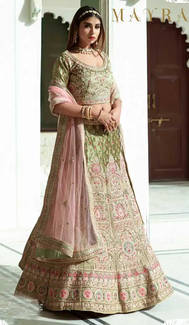 Pista Green Color Velvet Bridal Wedding Wear Designer Women Lehenga Choli -3369146474