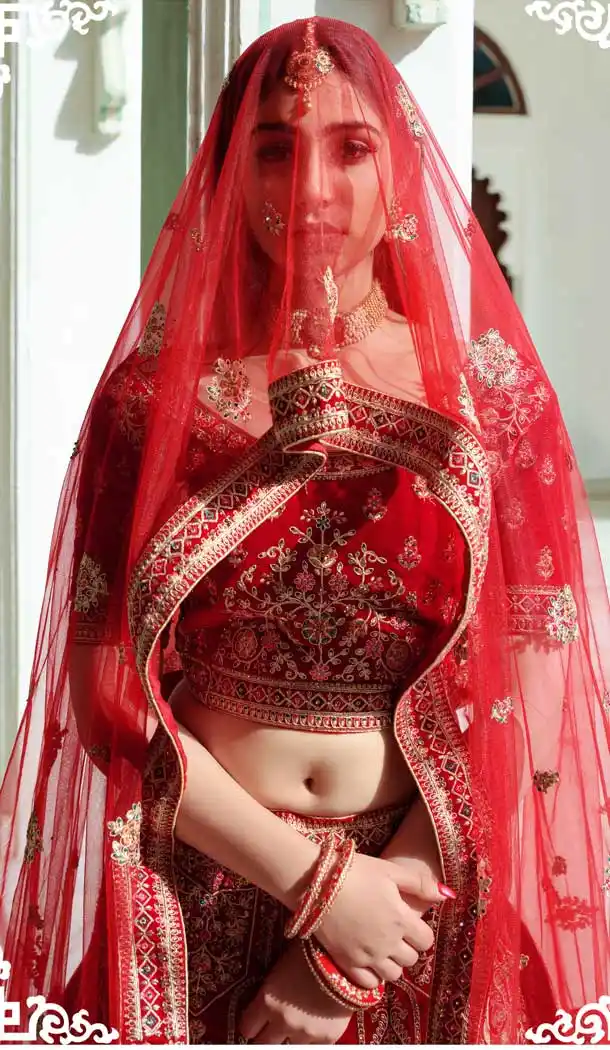Red Color Velvet Bridal Wedding Wear Designer Women Lehenga Choli -3369146475