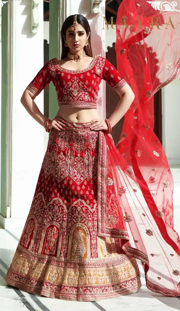 Red Color Velvet Bridal Wedding Wear Designer Women Lehenga Choli -3369146475