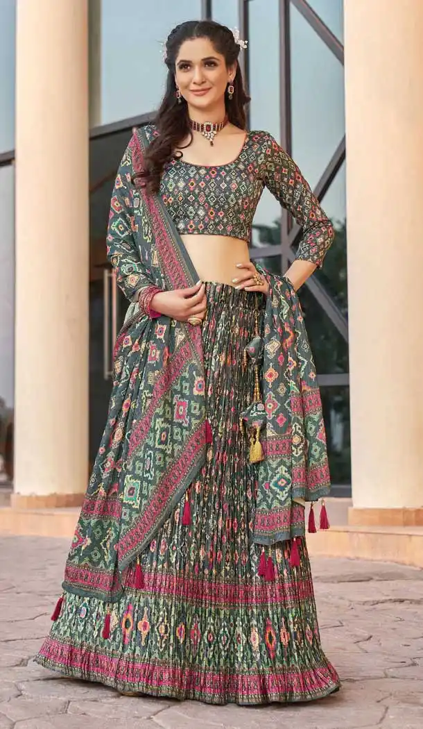 Grey Color Satin Georgette Digital Printed Party Wear Lehenga Choli -3083144395