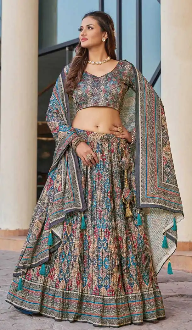Blue Color Satin Georgette Digital Printed Party Wear Lehenga Choli -3083144398