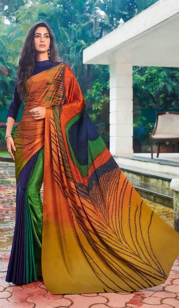 Exquisite Multi Color Satin Silk Hand Print Casual Party Saree Blouse -3400146798