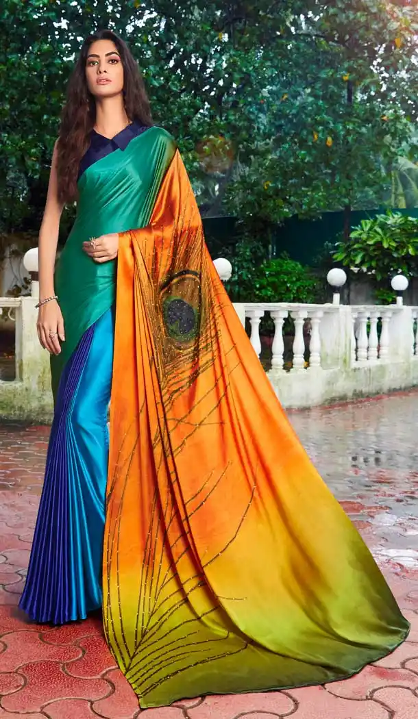Contemporary Multi Color Satin Silk Hand Print Casual Party Saree Blouse -3400146800