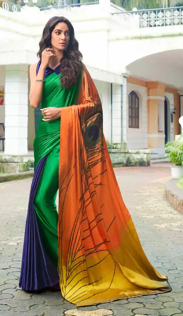 Chic Multi Color Satin Silk Hand Print Casual Party Saree Blouse -3400146802
