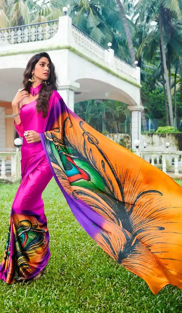 Glamorous Multi Color Satin Silk Hand Print Casual Party Saree Blouse -3400146803
