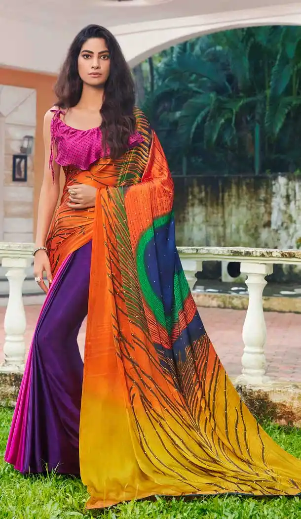 Classic Multi Color Satin Silk Hand Print Casual Party Saree Blouse -3400146804
