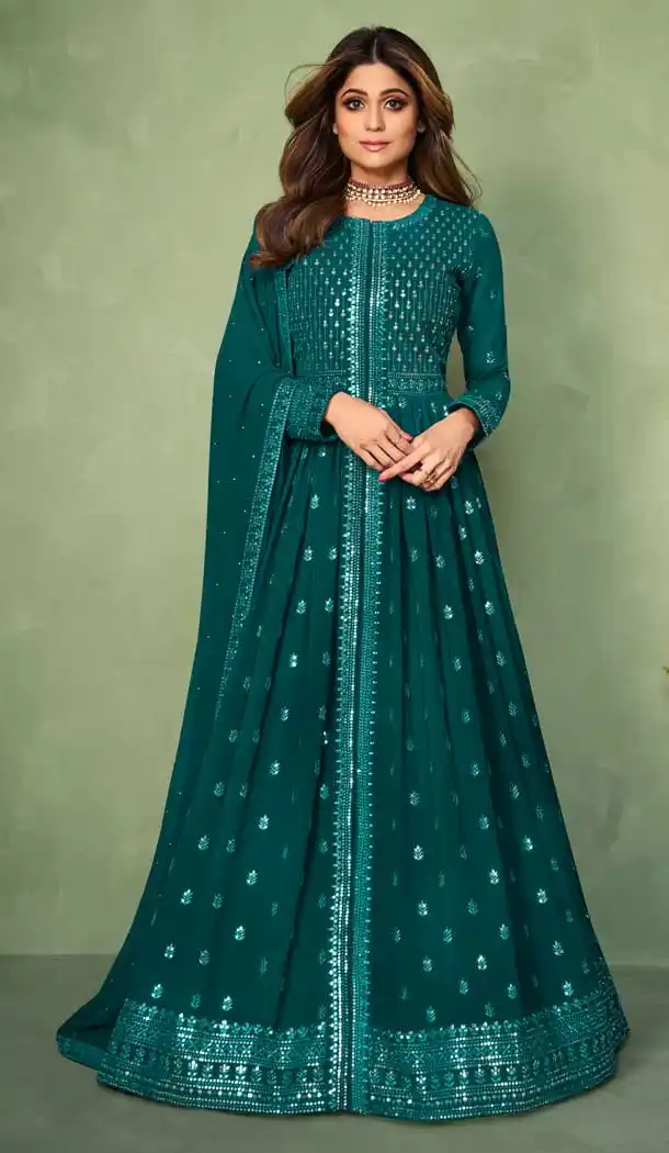 Teal Blue Color Georgette Traditional Party Wear Women Salwar Kameez -3411146906