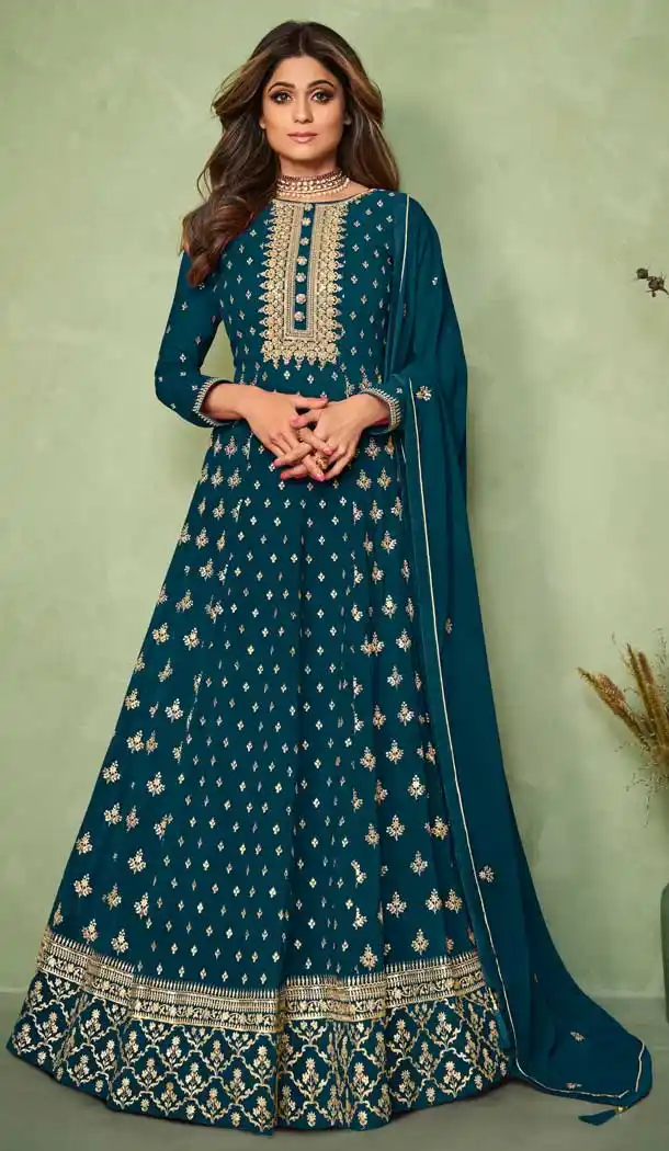 Enticing Teal Blue Color Georgette Party Wear Pakistani Style Long Salwar Kameez -3449147216