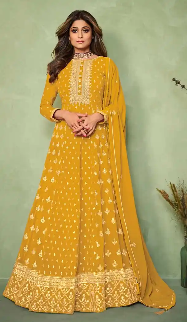 Yellow Color Georgette Party Wear Pakistani Style Long Salwar Kameez -3449147218