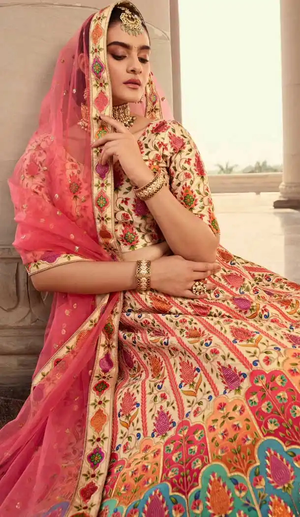 Cream Color Art Silk Bridal Wedding Wear Plus Size Lehenga Choli -3437147436