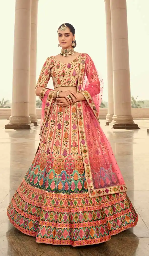 Cream Color Art Silk Bridal Wedding Wear Plus Size Lehenga Choli -3437147436