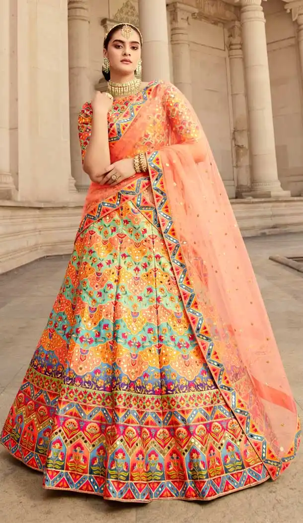 Multi Color Art Silk Bridal Wedding Wear Plus Size Lehenga Choli -3437147437