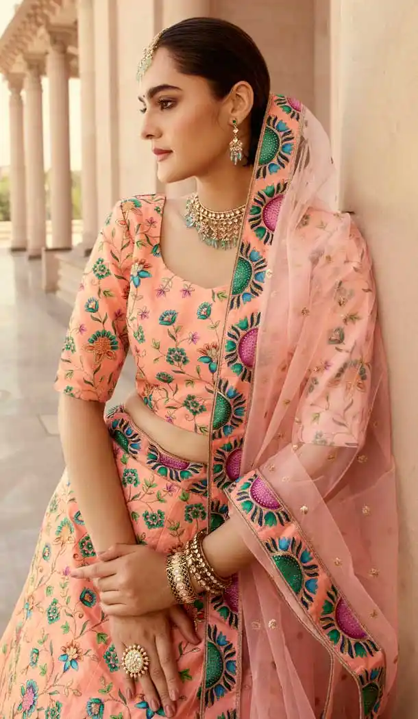 Peach Color Art Silk Bridal Wedding Wear Plus Size Lehenga Choli -3437147439