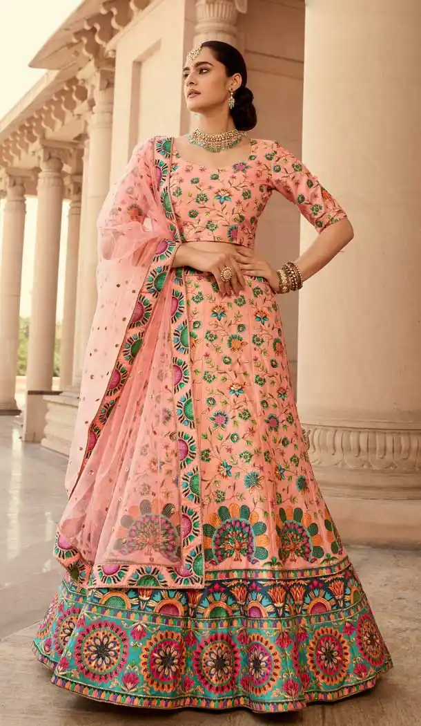 Peach Color Art Silk Bridal Wedding Wear Plus Size Lehenga Choli -3437147439