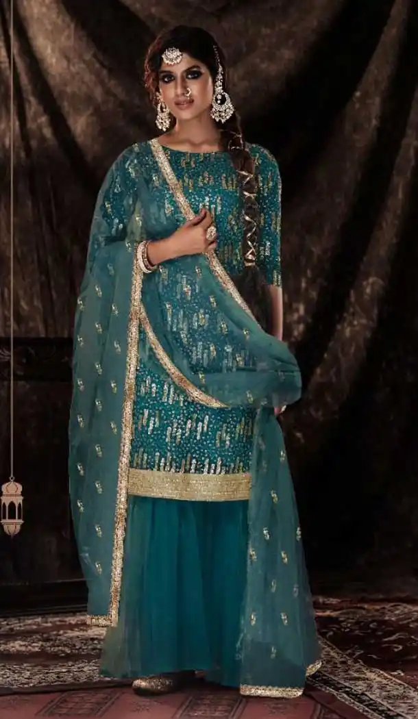 Teal Blue Color Soft Net Color Punjabi Style Party Sharara Salwar Suit -3480147467
