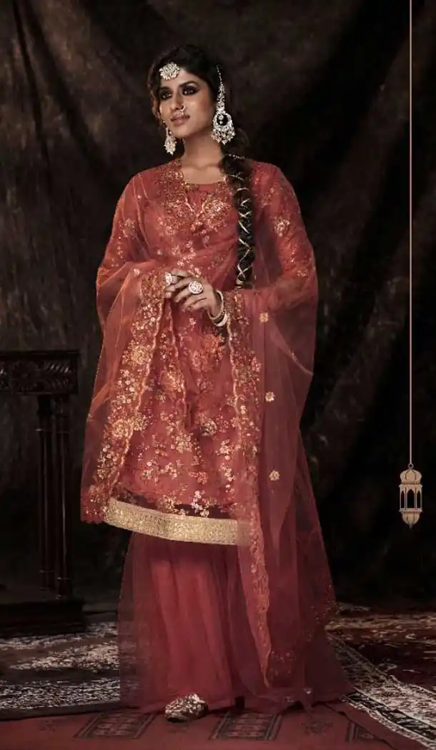 Outstanding Rust Color Soft Net Color Punjabi Style Party Sharara Salwar Suit -3480147468