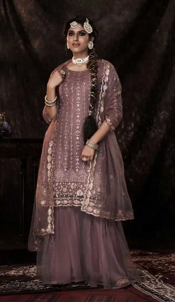 Beige Color Soft Net Color Punjabi Style Party Sharara Salwar Suit -3480147472
