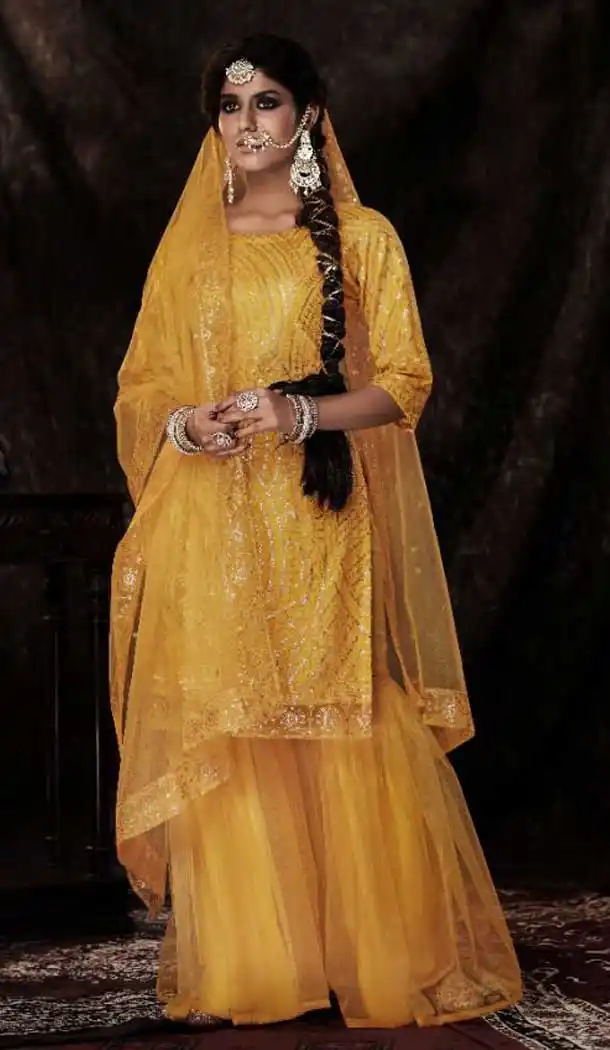 Mustard Color Soft Net Color Punjabi Style Party Sharara Salwar Suit -3480147473