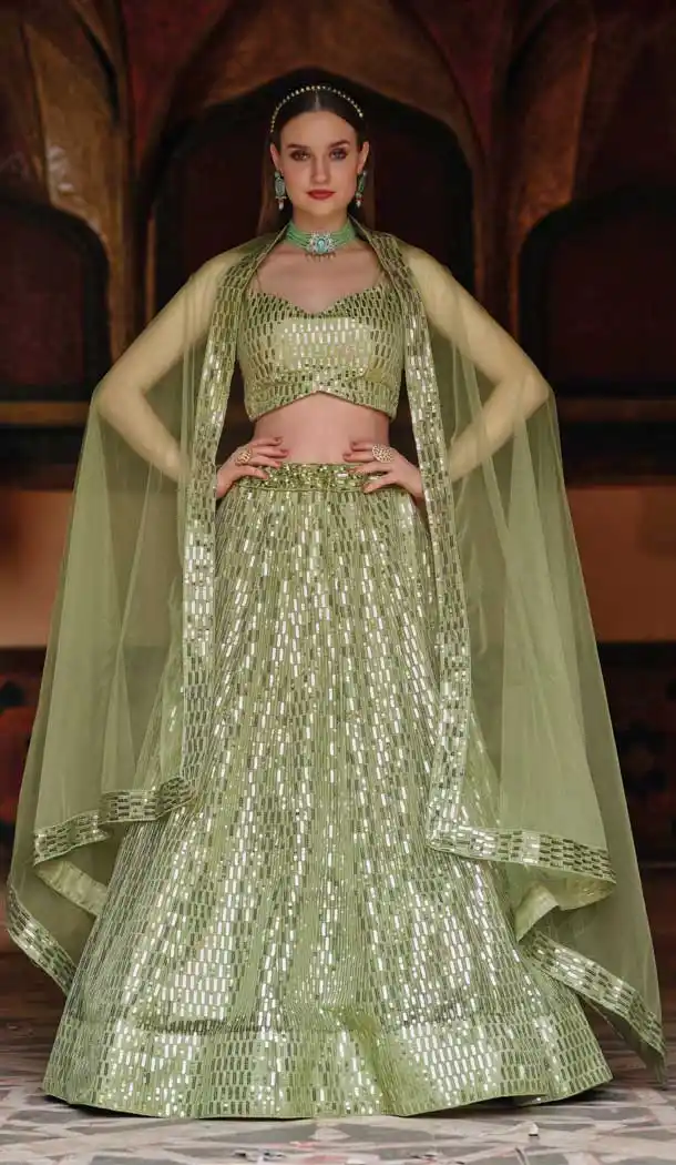 Light Green Color Pure Butterfly Net Designer Function Wear Lehenga Choli -3507147664