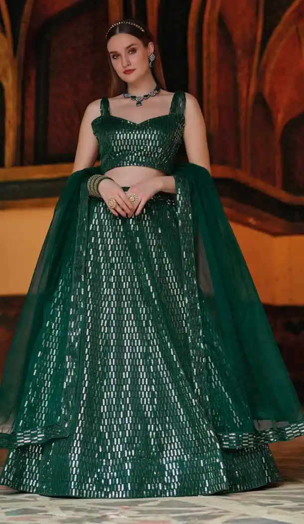 Green Color Pure Butterfly Net Designer Function Wear Lehenga Choli -3507147666
