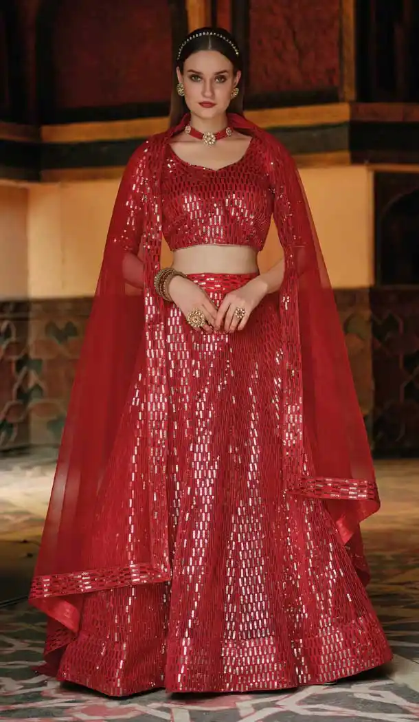 Aesthetic Red Color Pure Butterfly Net Designer Function Wear Lehenga Choli -3507147668