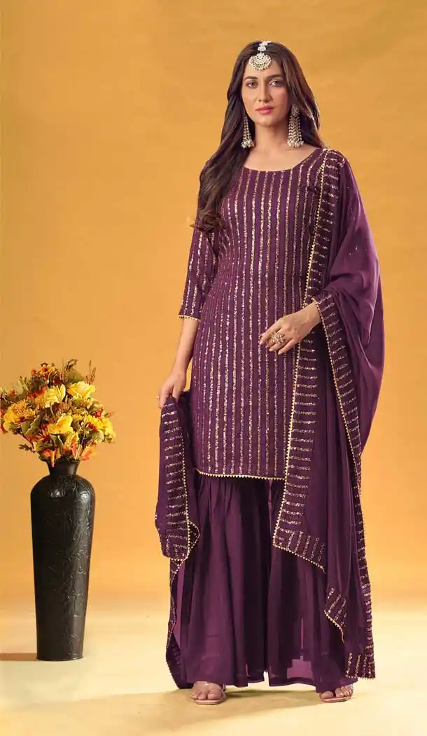 Wine Color Pure Fox Georgette Party Wear Women Sharara Salwar Suit -3508147669
