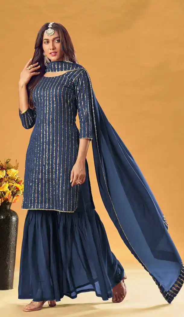 Navy Blue Color Pure Fox Georgette Party Wear Women Sharara Salwar Suit -3508147670