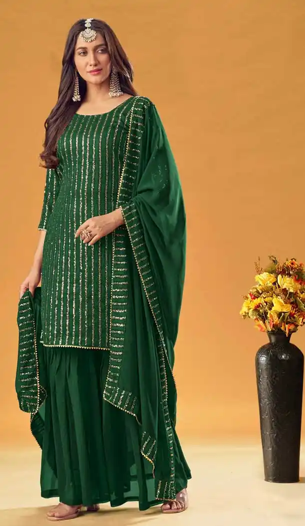Green Color Pure Fox Georgette Party Wear Women Sharara Salwar Suit -3508147671